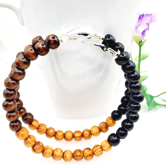 Hoop earrings with wooden beads, large hoop earrings. 2.9 Inches - Picture 2 of 4